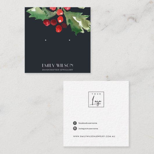 NAVY CHRISTMAS HOLLY BERRY STUD EARRING DISPLAY QUADRATISCHE VISITENKARTE (Vorne/Hinten)