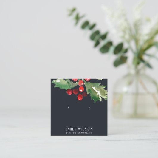 NAVY CHRISTMAS HOLLY BERRY STUD EARRING DISPLAY QUADRATISCHE VISITENKARTE (Stehend Vorderseite)