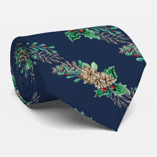 Navy Christmas Pine Cones Holly Foliage Strichen Krawatte (Gerollt)