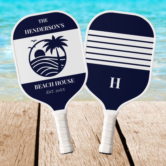Navy Coastal Nautical Palm Tree Family Beach House Pickleball Schläger