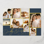 Navy Collage Multi Foto Save the Date Gold Frames Folieneinladung (Vorderseite)