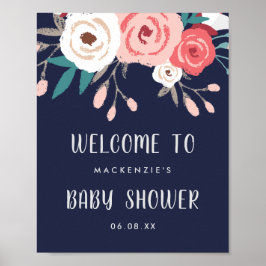 Navy & Coral Floral Bouquet Babydusche Willkommen Poster