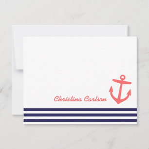 Navy & Coral Nautical Stripes & Anchor Stationery Mitteilungskarte