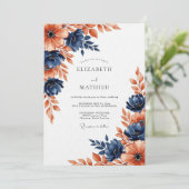 Navy Coral Painterly Blossom Wedding Einladung (Stehend Vorderseite)