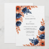 Navy Coral Painterly Blossom Wedding Einladung (Vorne/Hinten)