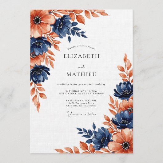 Navy Coral Painterly Blossom Wedding Einladung (Vorderseite)