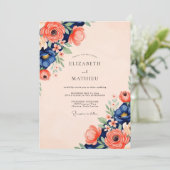 Navy Coral Radiant Spring Wedding Einladung (Stehend Vorderseite)