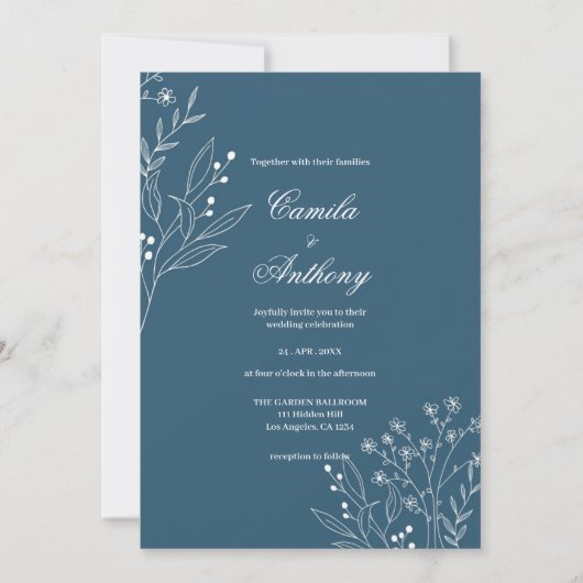 Navy Corner Floral Boho Wedding Einladung (Vorderseite)