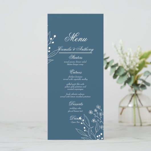 Navy Corner Floral Boho Wedding Menükarte (Stehend Vorderseite)