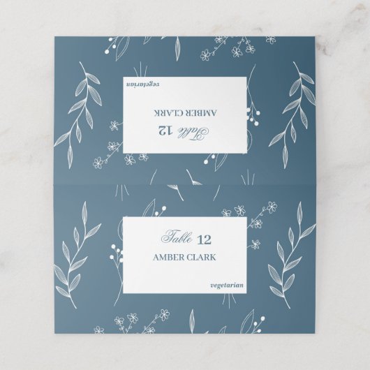 Navy Corner Floral Boho Wedding Platzkarte (Außenseite Aufgefaltet)
