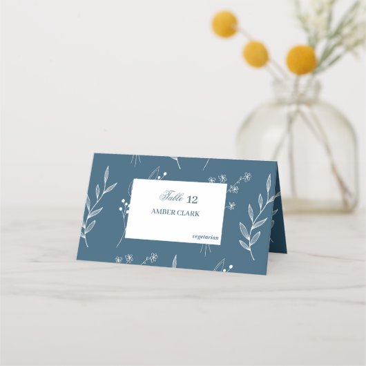 Navy Corner Floral Boho Wedding Platzkarte (Vorderseite)