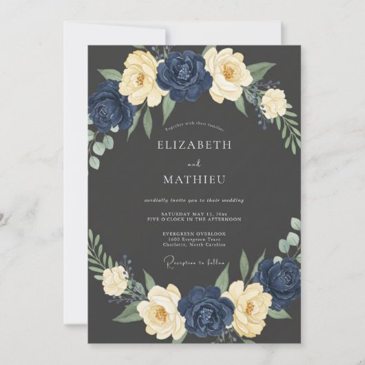 Navy Cream Bloom Hochzeit Einladung (Vorderseite)