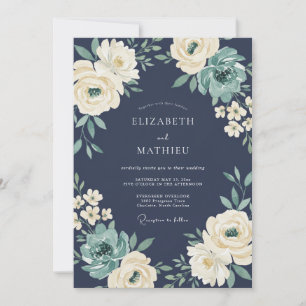 Navy Cream Botanische Romantik-Hochzeit Einladung