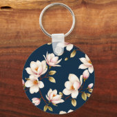 Navy Cream Magnolia Blossom Pattern Schlüsselanhänger (Vorderseite)