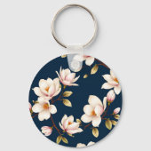 Navy Cream Magnolia Blossom Pattern Schlüsselanhänger (Rückseite)