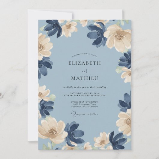 Navy Cream Petal Hochzeit Einladung (Vorderseite)