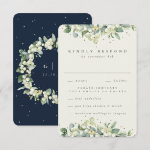 Navy/Cream Schneebeere+Eukalyptus geränderte Hochz RSVP Karte