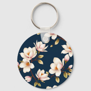 Navy-Creme-Magnolienblüten-Muster Schlüsselanhänger