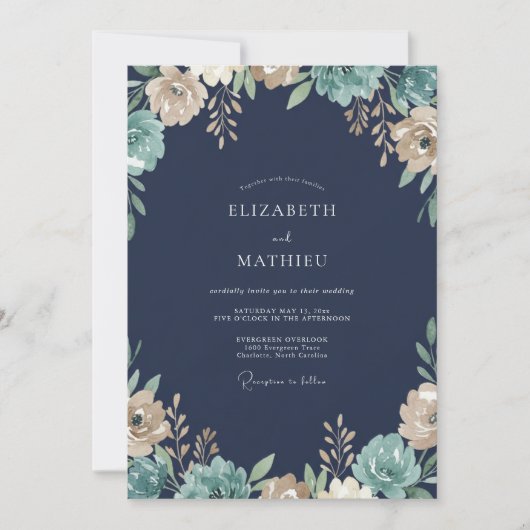 Navy-Creme-Wildblumen-Hochzeit Einladung (Vorderseite)