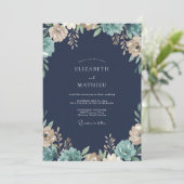 Navy-Creme-Wildblumen-Hochzeit Einladung (Stehend Vorderseite)