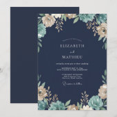 Navy-Creme-Wildblumen-Hochzeit Einladung (Vorne/Hinten)