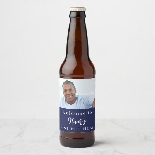 Navy Custom Foto Geburtstag willkommen Bierflaschenetikett (Vorderseite)