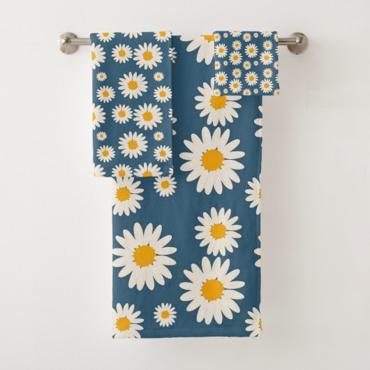 Navy Daisy Floral Bohemisch Botanisches Muster Badhandtuch Set (Insitu)