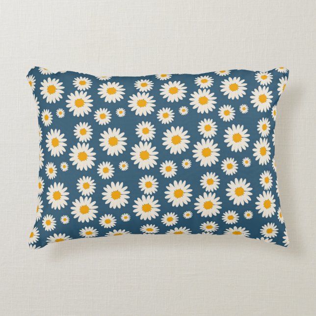 Navy Daisy Floral Bohemisch Botanisches Muster Dekokissen (Vorderseite)