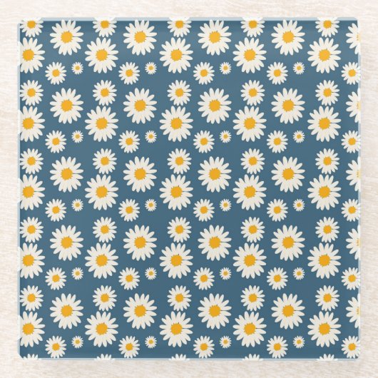 Navy Daisy Floral Bohemisch Botanisches Muster Glasuntersetzer (Vorderseite)