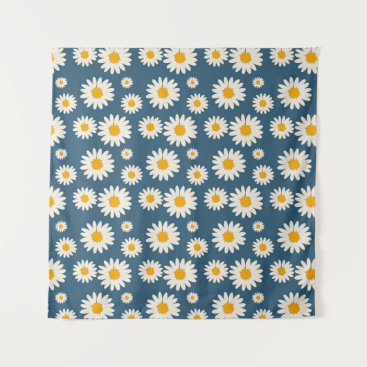 Navy Daisy Floral Bohemisch Botanisches Muster Wandteppich (Vorderseite)