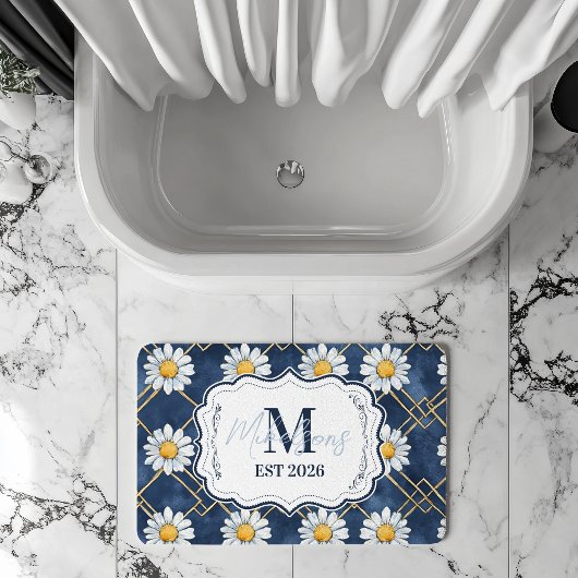 Navy Daisy Gingham Monogram Decor Badematte
