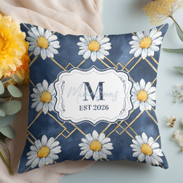 Navy Daisy Gingham Monogram Decor Kissen