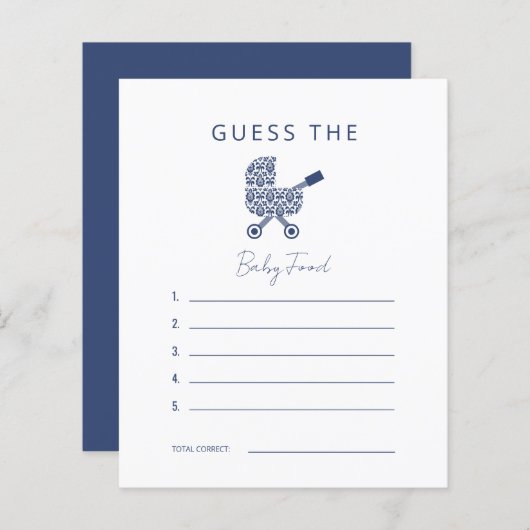 Navy Damask Baby Dusche Raten Sie das Baby Food In (Vorne/Hinten)