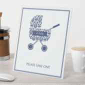 Navy Damask Pram Bitte nehmen Sie eine Babydusche Sockelschild (In Situ)