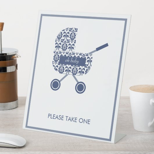 Navy Damask Pram Bitte nehmen Sie eine Babydusche Sockelschild (In Situ)