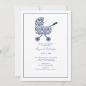 Navy Damask Pram Kinderdusche Einladung (Vorderseite)