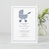 Navy Damask Pram Kinderdusche Einladung (Stehend Vorderseite)