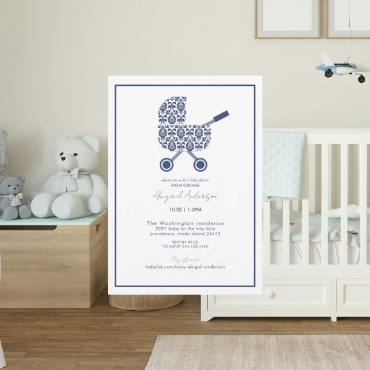 Navy Damask Pram Kinderdusche Einladung