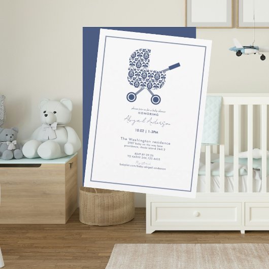 Navy Damask Pram Kinderdusche Einladung