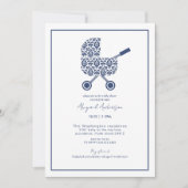Navy Damask Pram Kinderdusche Einladung (Vorderseite)