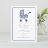Navy Damask Pram Kinderdusche Einladung (Stehend Vorderseite)