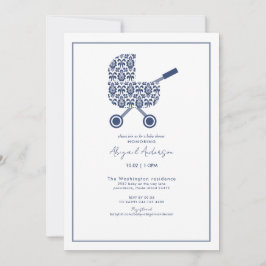 Navy Damask Pram Kinderdusche Einladung