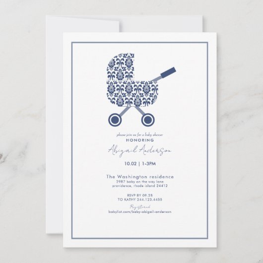 Navy Damask Pram Kinderdusche Einladung (Vorderseite)