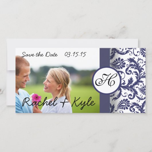 Navy Damask Save the Date (Vorderseite)