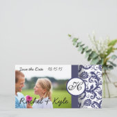 Navy Damask Save the Date (Stehend Vorderseite)