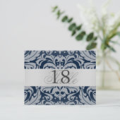 Navy Damask Silver Metal Tischnummer PostCard (Stehend Vorderseite)