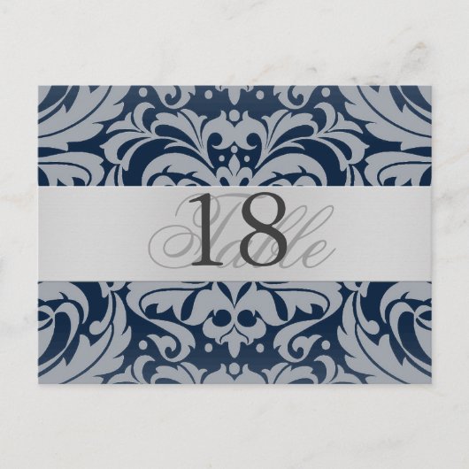 Navy Damask Silver Metal Tischnummer PostCard (Vorderseite)