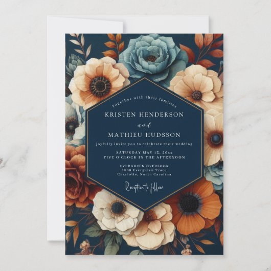 Navy Deep Floral Opulent Wedding Einladung (Vorderseite)