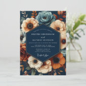 Navy Deep Floral Opulent Wedding Einladung (Stehend Vorderseite)