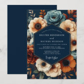 Navy Deep Floral Opulent Wedding Einladung (Vorne/Hinten)